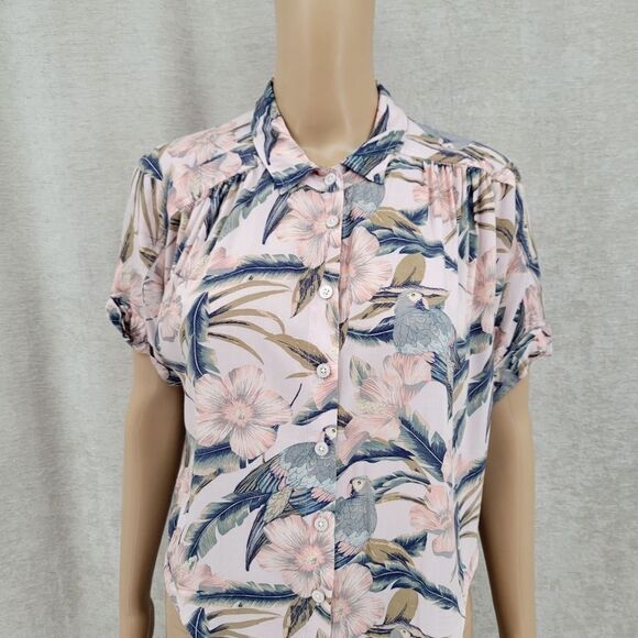 American Eagle Tie Front Tropical Button Down Blouse Cropped Women's Small - Picture 6 of 14